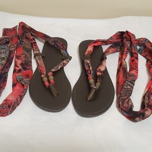 MIA Brown Sandals with Red Patterned Wrap Straps
